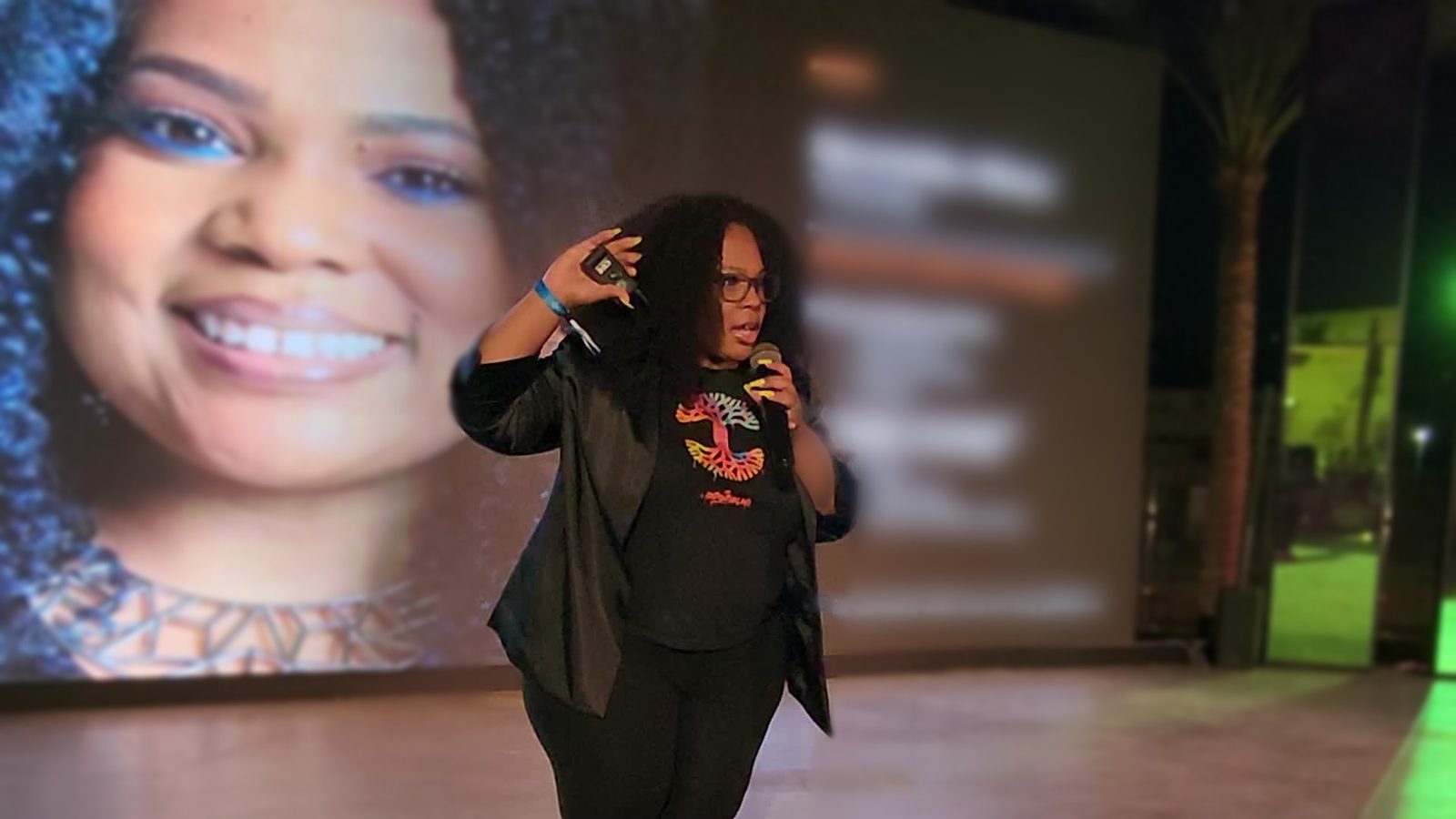 Nina Thomas speaking on the RiseUp Summit stage in Cairo, 2023